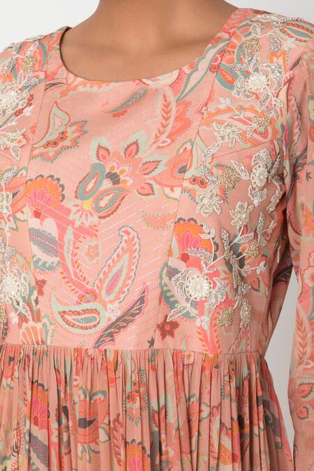 Archana Shah Peach Bemberg Crepe Printed Dress Online at Aza Fashions Archana Shah_Peach Bemberg Crepe Printed Dress _Online_at_Aza_Fashions