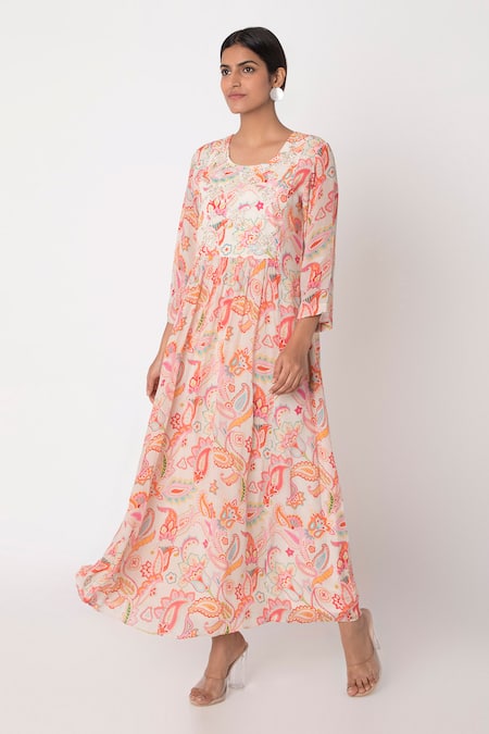 Archana Shah White Bemberg Crepe Printed Dress 