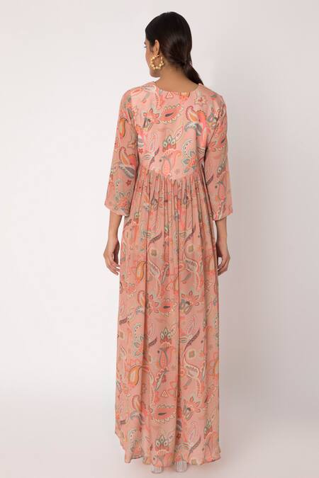 Shop Archana Shah Peach Bemberg Crepe Printed Dress at Aza Fashions Shop_Archana Shah_Peach Bemberg Crepe Printed Dress_at_Aza_Fashions