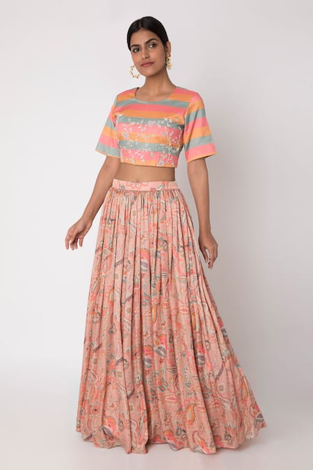 Archana Shah Peach Bemberg Satin, Blended Silk Printed Lehenga Set 