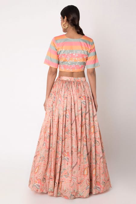 Shop Archana Shah Peach Bemberg Satin, Blended Silk Printed Lehenga Set at Aza Fashions Shop_Archana Shah_Peach Bemberg Satin, Blended Silk Printed Lehenga Set _at_Aza_Fashions