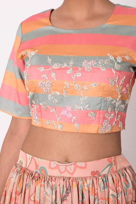 Shop Archana Shah Peach Bemberg Satin, Blended Silk Printed Lehenga Set Online at Aza Fashions Shop_Archana Shah_Peach Bemberg Satin, Blended Silk Printed Lehenga Set _Online_at_Aza_Fashions