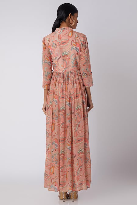 Shop Archana Shah Peach Bemberg Crepe Printed Wrap Dress at Aza Fashions Shop_Archana Shah_Peach Bemberg Crepe Printed Wrap Dress _at_Aza_Fashions