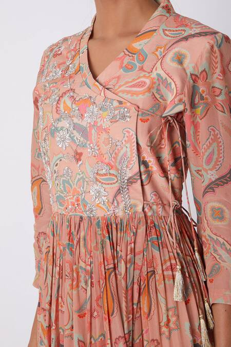 Buy Archana Shah Peach Bemberg Crepe Printed Wrap Dress Online at Aza Fashions Buy_Archana Shah_Peach Bemberg Crepe Printed Wrap Dress _Online_at_Aza_Fashions