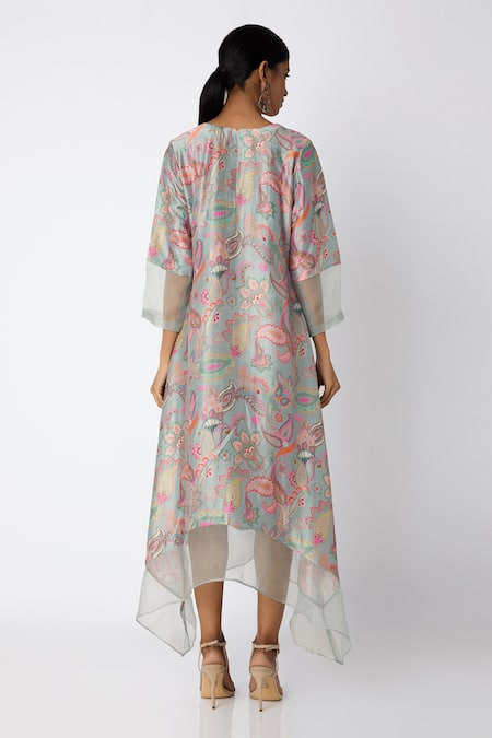 Shop_Archana Shah_Grey Blended Silk Printed Kurta _at_Aza_Fashions