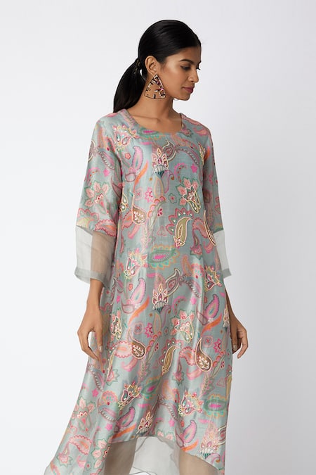 Archana Shah_Grey Blended Silk Printed Kurta _Online_at_Aza_Fashions