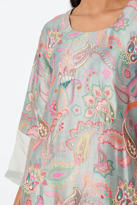 Buy_Archana Shah_Grey Blended Silk Printed Kurta _Online_at_Aza_Fashions
