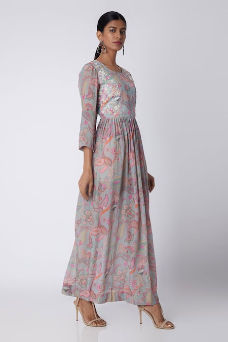 Archana Shah Grey Bemberg Crepe Printed Dress 