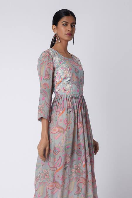 Archana Shah Grey Bemberg Crepe Printed Dress Online at Aza Fashions Archana Shah_Grey Bemberg Crepe Printed Dress _Online_at_Aza_Fashions