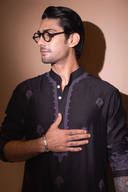 Shop_Wabi Sabi By Anshum-Ritesh_Black Chanderi Embroidery Aztec Dori Kurta Set _Online_at_Aza_Fashions