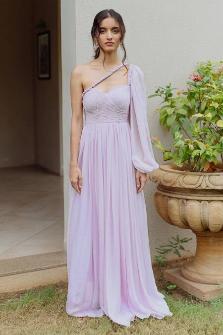 Pinup By Astha Purple Flat Chiffon One Shoulder Azura Ruched Gown Online at Aza Fashions Pinup By Astha_Purple Flat Chiffon One Shoulder Azura Ruched Gown _Online_at_Aza_Fashions