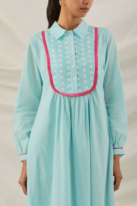 Shop The Indian Cause Blue Cotton Embroidery Shawl Neck Zaid Placed Chikankari Dress Online at Aza Fashions Shop_The Indian Cause_Blue Cotton Embroidery Shawl Neck Zaid Placed Chikankari Dress_Online_at_Aza_Fashions