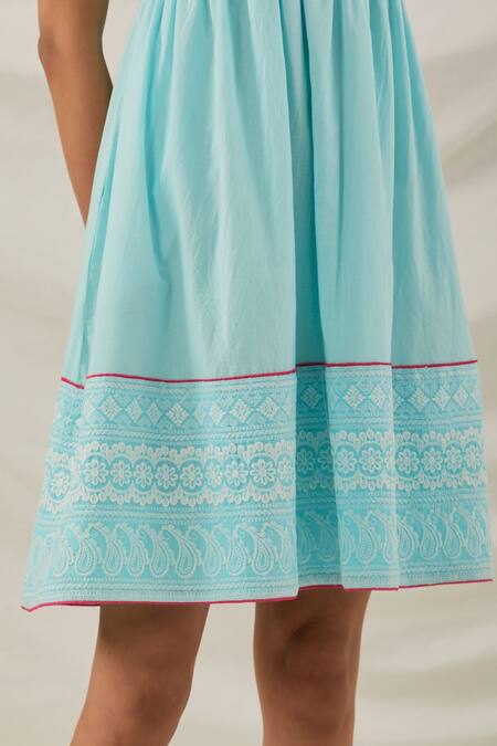 Shop The Indian Cause Blue Cotton Embroidery Bandeau Neck Amore Hem Dress Online at Aza Fashions Shop_The Indian Cause_Blue Cotton Embroidery Bandeau Neck Amore Hem Dress_Online_at_Aza_Fashions