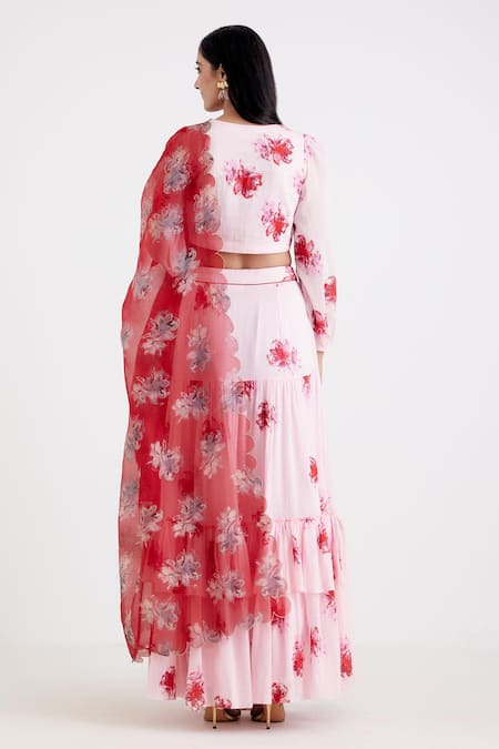 Shop_Label Earthen_Maroon Chanderi, Cotton Mal, Organza Silk Sweetheart Neck Printed Lehenga Set _Online_at_Aza_Fashions