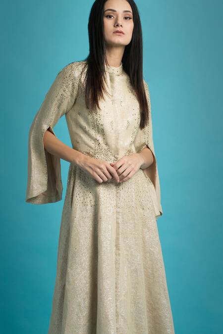 Saksham & Neharicka_Beige Cotton Lurex Band Collar Embroidered Kurta Set_Online_at_Aza_Fashions