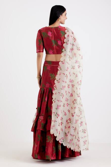 Buy_Label Earthen_White Chanderi, Organza Silk Printed Lehenga Set _Online_at_Aza_Fashions