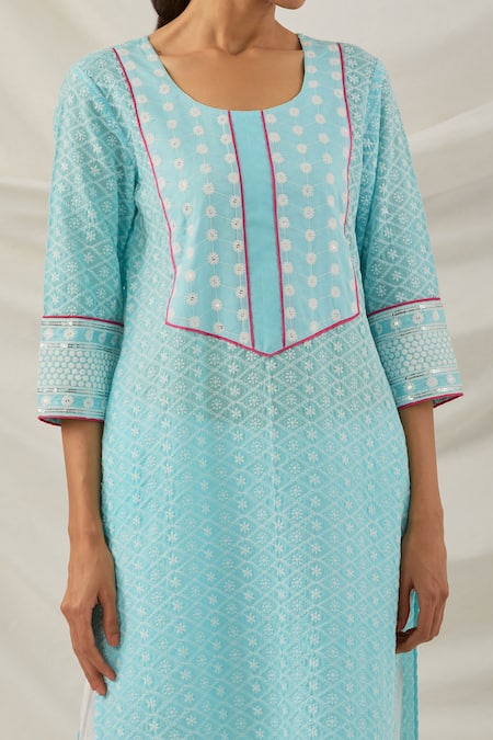 Shop The Indian Cause Blue Cotton Sequins, Embroidery Round Geometric Chikankari Kurta With Palazzo Online at Aza Fashions Shop_The Indian Cause_Blue Cotton Sequins, Embroidery Round Geometric Chikankari Kurta With Palazzo_Online_at_Aza_Fashions