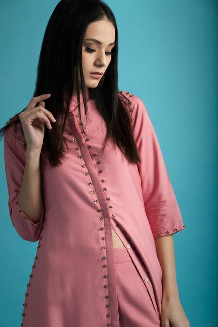Shop Saksham & Neharicka Pink Silk, Moss Band Collar Kurta Palazzo Set at Aza Fashions Shop_Saksham & Neharicka_Pink Silk, Moss Band Collar Kurta Palazzo Set_at_Aza_Fashions