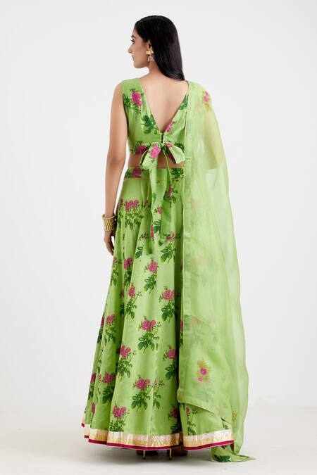 Buy Label Earthen Green Chanderi, Organza Silk Sweetheart Neck Printed Lehenga Set Online at Aza Fashions Buy_Label Earthen_Green Chanderi, Organza Silk Sweetheart Neck Printed Lehenga Set _Online_at_Aza_Fashions