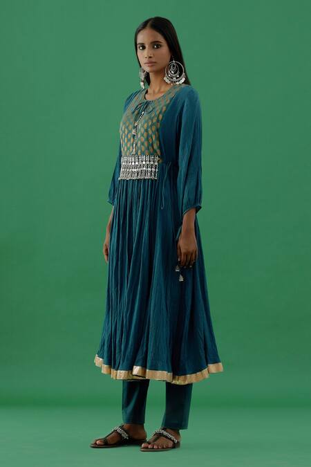 Buy 5elements Blue 100% Cotton With Silk Brocade Yoke Paisley Woven Anarkali Set Online at Aza Fashions Buy_5elements_Blue 100% Cotton With Silk Brocade Yoke Paisley Woven Anarkali Set _Online_at_Aza_Fashions