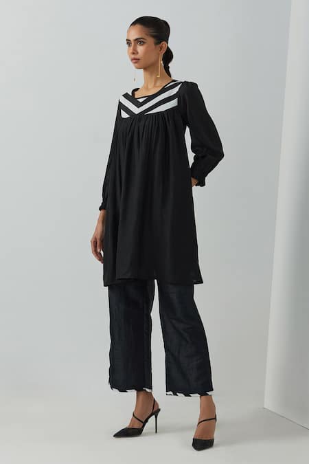Shop_The Indian Cause_Black Chanderi Round Neck Gathered Tunic_Online_at_Aza_Fashions