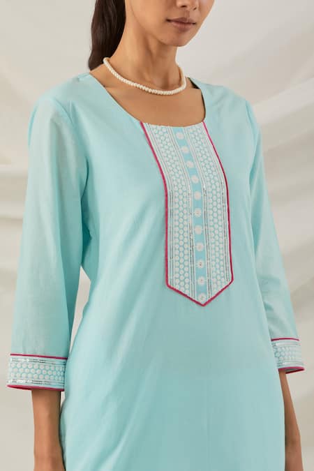 The Indian Cause Blue Cotton Sequins, Lace Round Neck Rozana Straight Kurta With Insert Palazzo at Aza Fashions The Indian Cause_Blue Cotton Sequins, Lace Round Neck Rozana Straight Kurta With Insert Palazzo_at_Aza_Fashions
