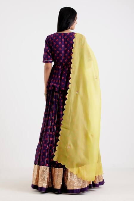 Shop_Label Earthen_Yellow Chanderi, Cotton Mal, Organza Silk V Printed Lehenga Set With Peplum Top_Online_at_Aza_Fashions