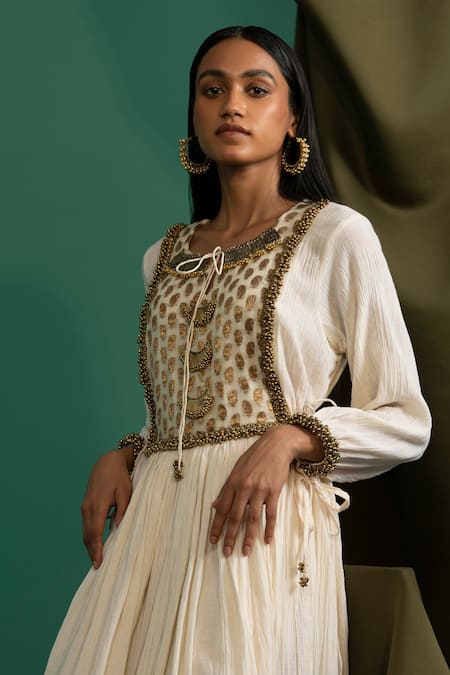 5elements Off White 100% Cotton With Silk Brocade Yoke Ghungroo Anarkali And Pant Set Online at Aza Fashions 5elements_Off White 100% Cotton With Silk Brocade Yoke Ghungroo Anarkali And Pant Set _Online_at_Aza_Fashions