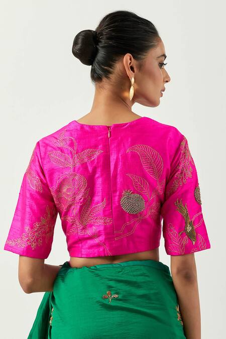 Shop_Label Earthen_Green Chiffon Embroidery Round Neck Suraiya Saree With Blouse _Online_at_Aza_Fashions