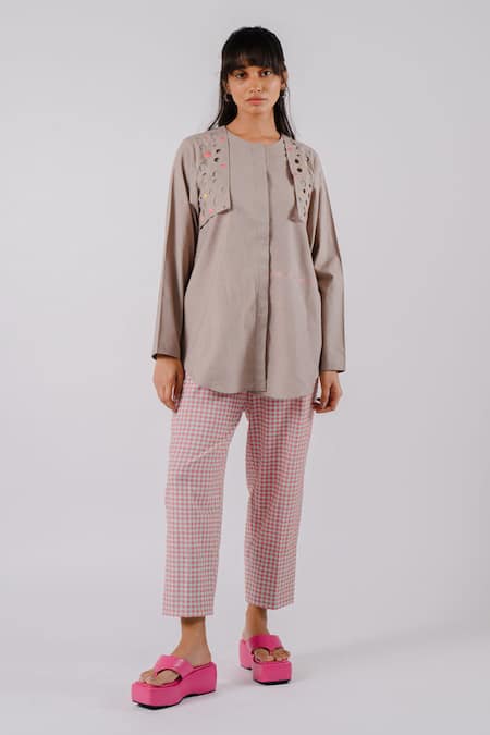Buy Tussah By Siddhi Shah Grey Cotton Embroidery, Cut Work Round Neck Flap Shirt With Checkered Pant Online at Aza Fashions Buy_Tussah By Siddhi Shah_Grey Cotton Embroidery, Cut Work Round Neck Flap Shirt With Checkered Pant _Online_at_Aza_Fashions