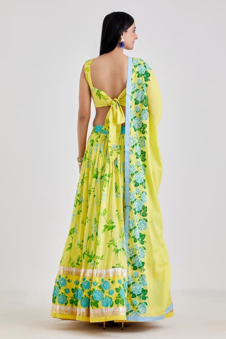 Buy_Label Earthen_Blue Cotton Mal Sweetheart Neck Printed Lehenga Set _Online_at_Aza_Fashions