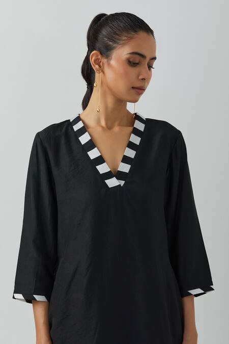 The Indian Cause_Black Chanderi V-neck Short Kurta_at_Aza_Fashions