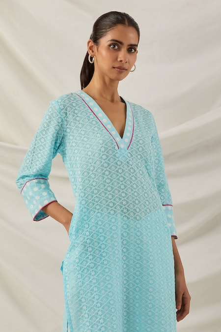 Shop The Indian Cause Blue Cotton Piping V-neck Kali Chikankari Embroidered Short Kurta Online at Aza Fashions Shop_The Indian Cause_Blue Cotton Piping V-neck Kali Chikankari Embroidered Short Kurta_Online_at_Aza_Fashions