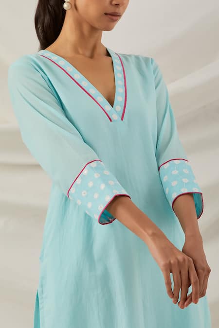 Shop_The Indian Cause_Blue Cotton Piping V-neck Solid Straight Kurta_Online_at_Aza_Fashions