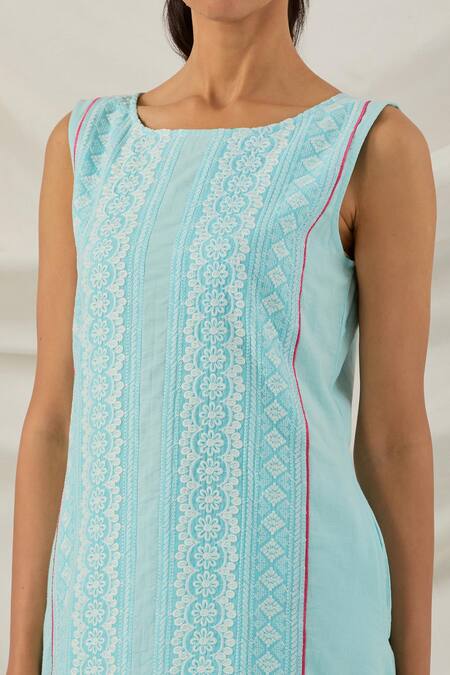 The Indian Cause_Blue Cotton Piping, Lace, Embroidery Round Neck Chikankari Kurta Palazzo Set_at_Aza_Fashions