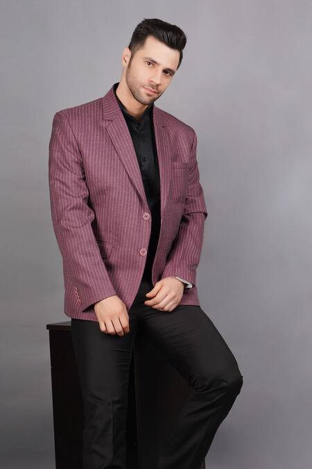 Soniya G_Pink Wool, Tweed Stripe Pattern Blazer_at_Aza_Fashions