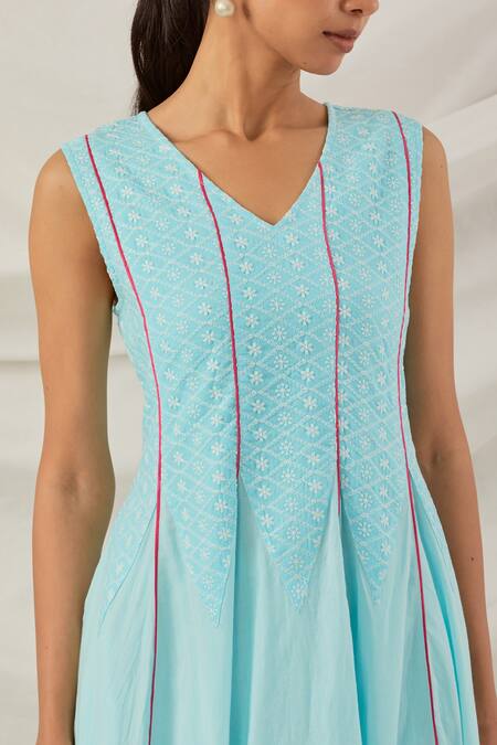 The Indian Cause_Blue Cotton Piping, Embroidery Round Neck Mastani Kalidar Kurta Palazzo Set_at_Aza_Fashions