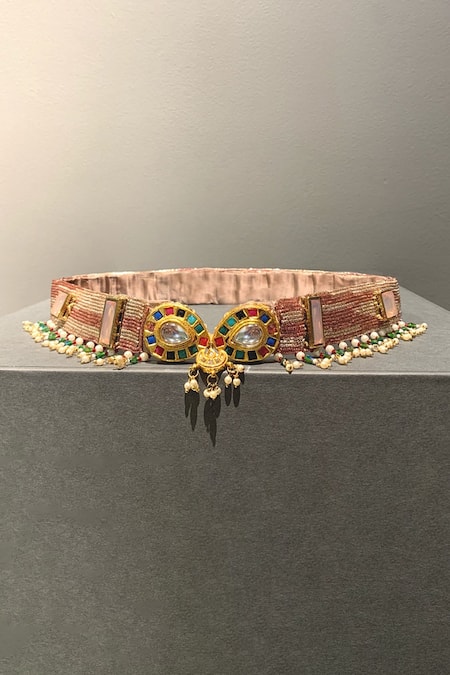 Shop_Aditi Gupta_Pink Pearls, Metallic Thread, Beads Meenakari Kundan Belt _at_Aza_Fashions