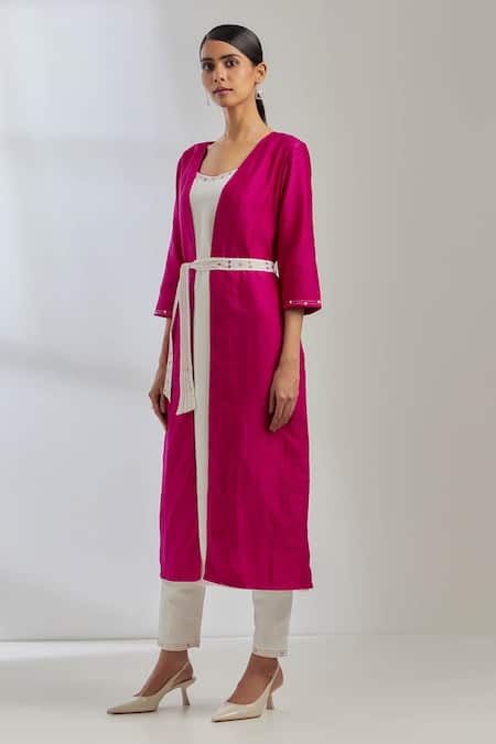 Buy_The Indian Cause_White Silk Sequin Open Jacket And Pant Set_Online_at_Aza_Fashions