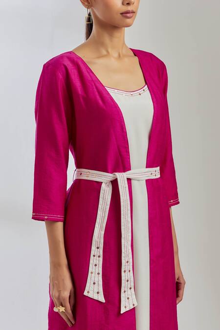 The Indian Cause_White Silk Sequin Open Jacket And Pant Set_at_Aza_Fashions