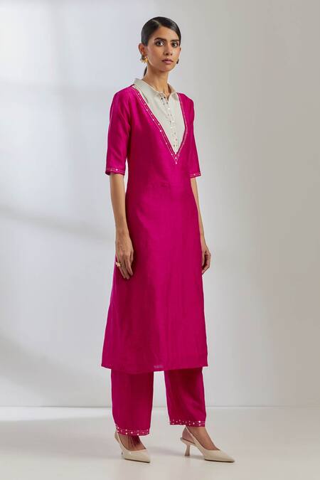 The Indian Cause_Pink Raw Silk Sequin Shirt Collar Kurta And Palazzo Set _Online_at_Aza_Fashions