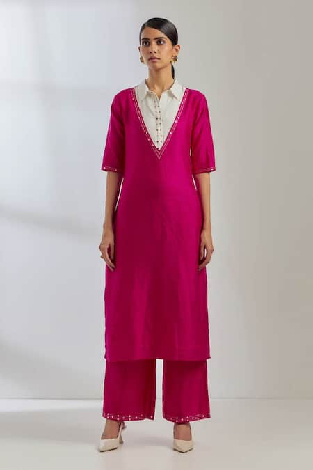 Buy_The Indian Cause_Pink Raw Silk Sequin Shirt Collar Kurta And Palazzo Set _Online_at_Aza_Fashions
