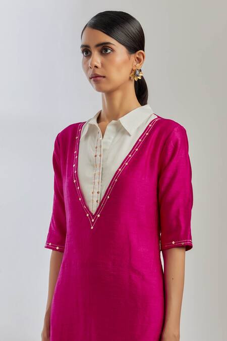Shop_The Indian Cause_Pink Raw Silk Sequin Shirt Collar Kurta And Palazzo Set _Online_at_Aza_Fashions