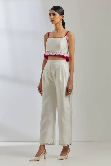 Buy_The Indian Cause_White Raw Silk Scoop Neck Rigel Frill Top And Pant Set _Online_at_Aza_Fashions