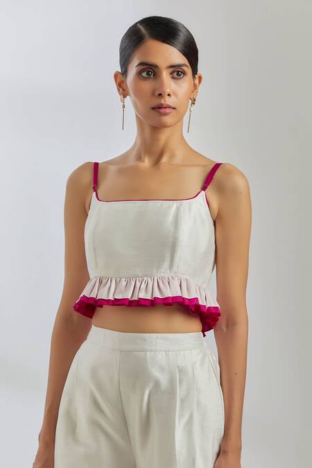 Shop_The Indian Cause_White Raw Silk Scoop Neck Rigel Frill Top And Pant Set _Online_at_Aza_Fashions