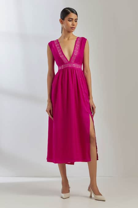 TIC Pink Silk Embroidered Sequin Plunge V Neck Sirgus Dress 