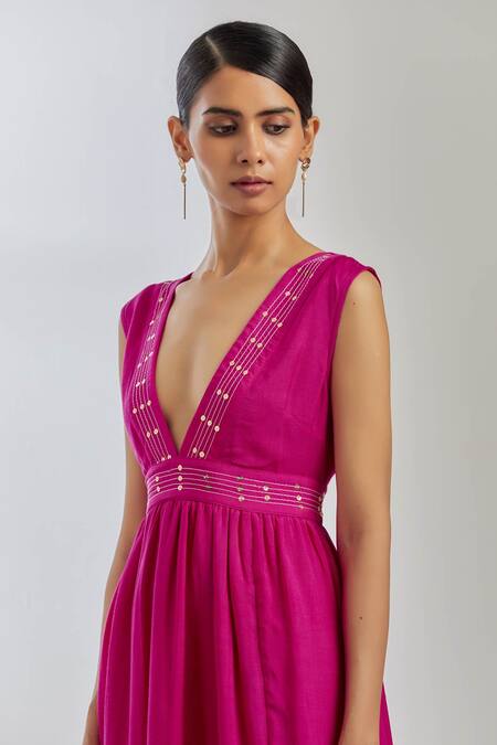 The Indian Cause Pink Silk Sequin Plunge V Neck Sirgus Dress at Aza Fashions The Indian Cause_Pink Silk Sequin Plunge V Neck Sirgus Dress _at_Aza_Fashions