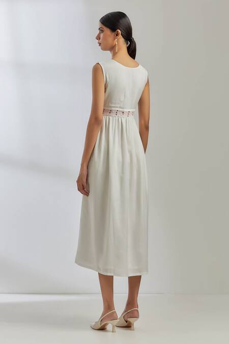 Shop The Indian Cause White Silk Sequin Plunge V Neck Sirgus Dress at Aza Fashions Shop_The Indian Cause_White Silk Sequin Plunge V Neck Sirgus Dress_at_Aza_Fashions