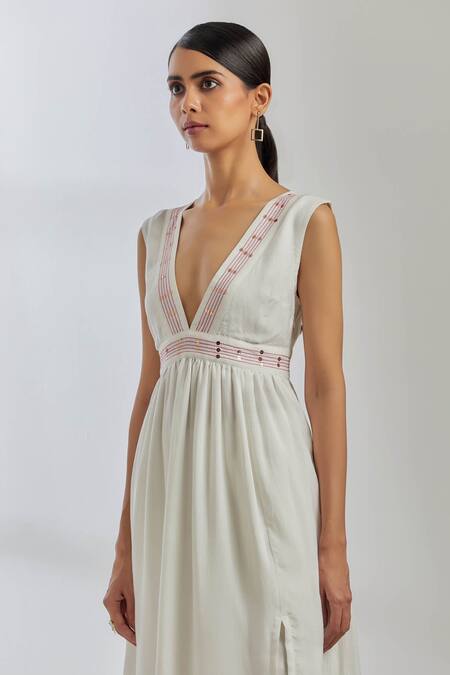 The Indian Cause White Silk Sequin Plunge V Neck Sirgus Dress at Aza Fashions The Indian Cause_White Silk Sequin Plunge V Neck Sirgus Dress_at_Aza_Fashions