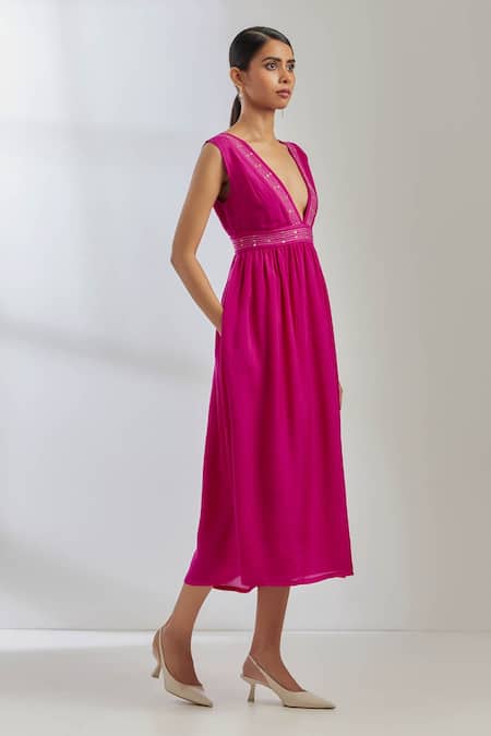 Shop The Indian Cause Pink Silk Sequin Plunge V Neck Sirgus Dress Online at Aza Fashions Shop_The Indian Cause_Pink Silk Sequin Plunge V Neck Sirgus Dress _Online_at_Aza_Fashions